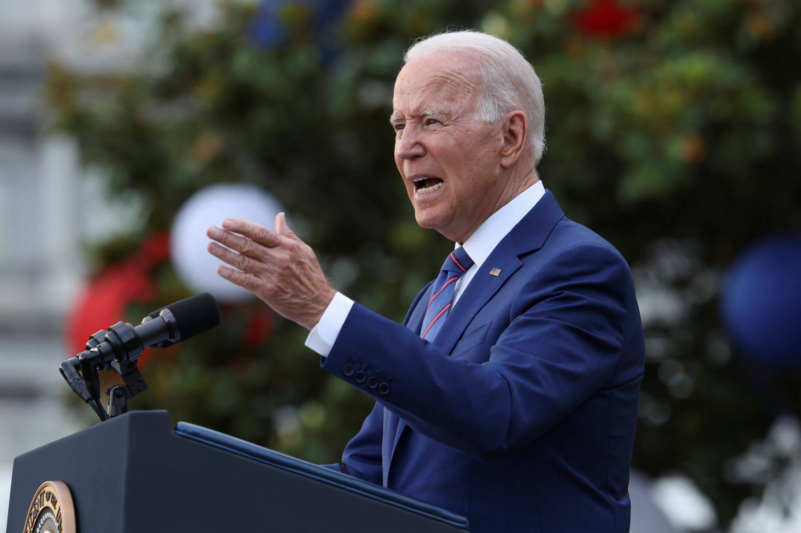 U.S. President Joe Biden delivers remarks at the White House at a celebration of Independence Day in Washington