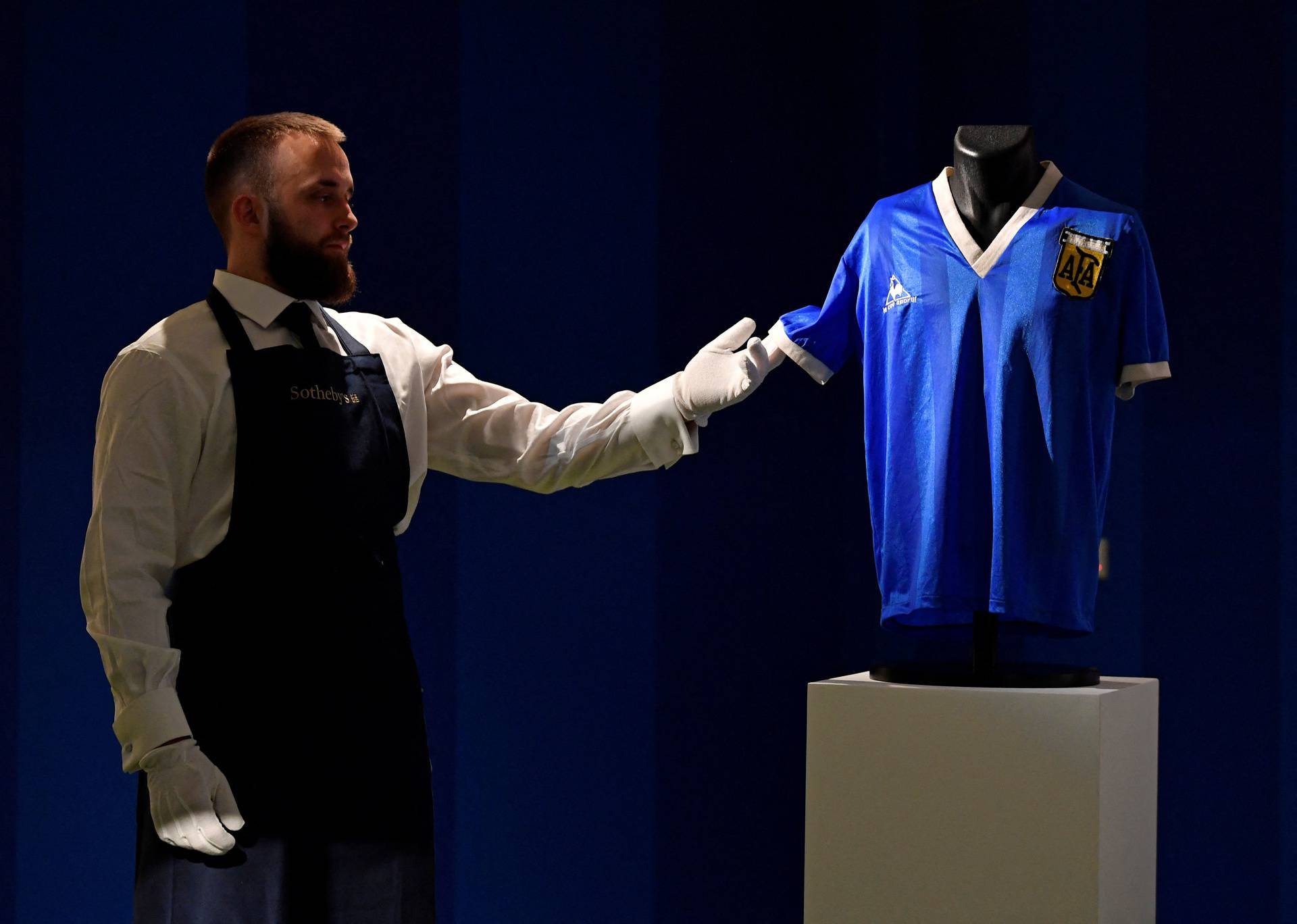 Shirt worn by Argentinian soccer player Maradona is displayed ahead of auction by Sotheby's, in London