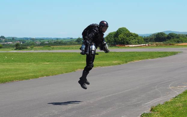 Inventor Richard Browning of technology startup Gravity flies in his ÃDaedalusÃ jet suit at Henstridge airfield in Somerset