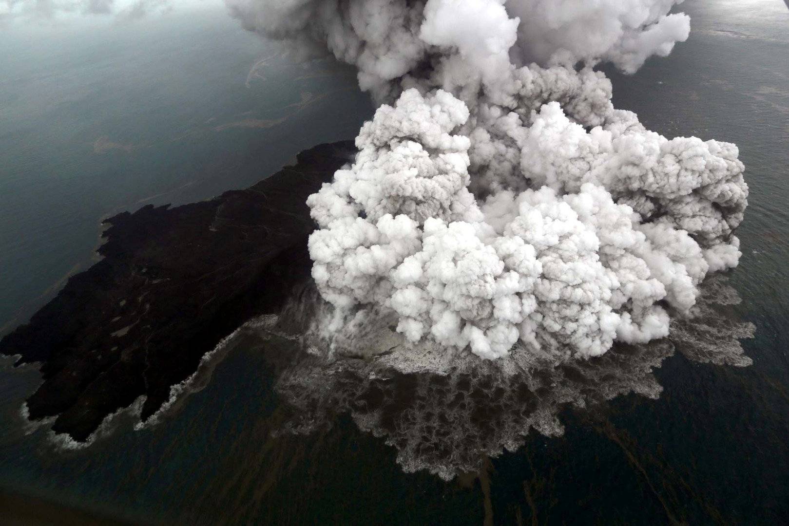 An aerial view of Anak Krakatau volcano during an eruption at Sunda strait in South Lampung