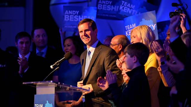 Kentucky's Attorney General Andy Beshear reacts to election results in Louisville