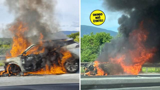 Dramatična snimka na A1: Auto je potpuno izgorio blizu Brinja!