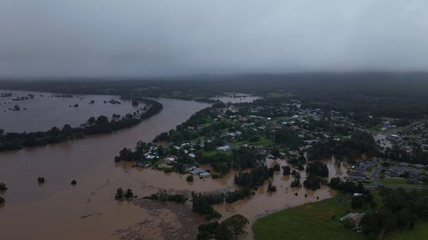A drone view shows a flooded area following heavy rains, in Tinonee