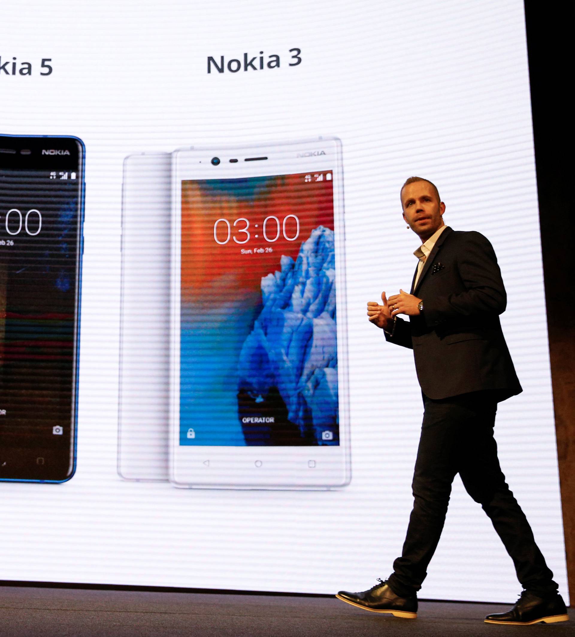 Sarvikas, Chief Product Officer of Nokia-HMD, speaks during presentation ceremony at Mobile World Congress in Barcelona