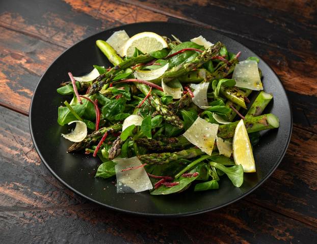 Grilled Asparagus salad with green vegetables and parmesan cheese