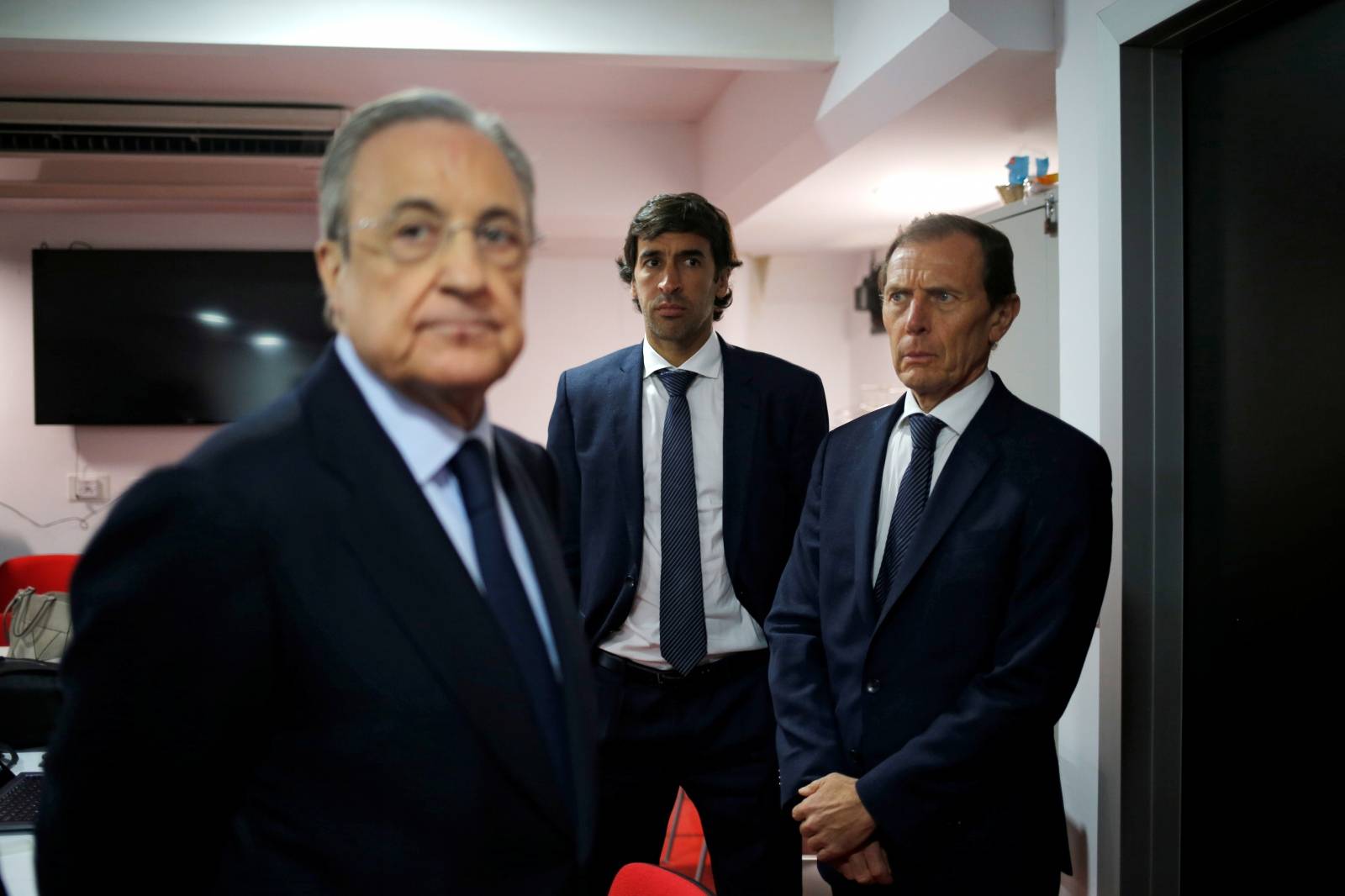 Real Madrid president Florentino Perez, former Real Madrid footballer Raul Gonzalez and Real Madrid Director of Institutional Relations Emilio Butragueno attend the wake of Spanish footballer Reyes in Seville