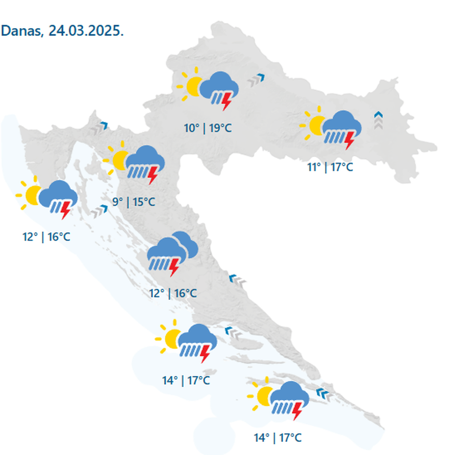 Malo sunca, puno pljuskova i grmljavine, a na Jadranu jugo. Ali barem su stigli topliji dani