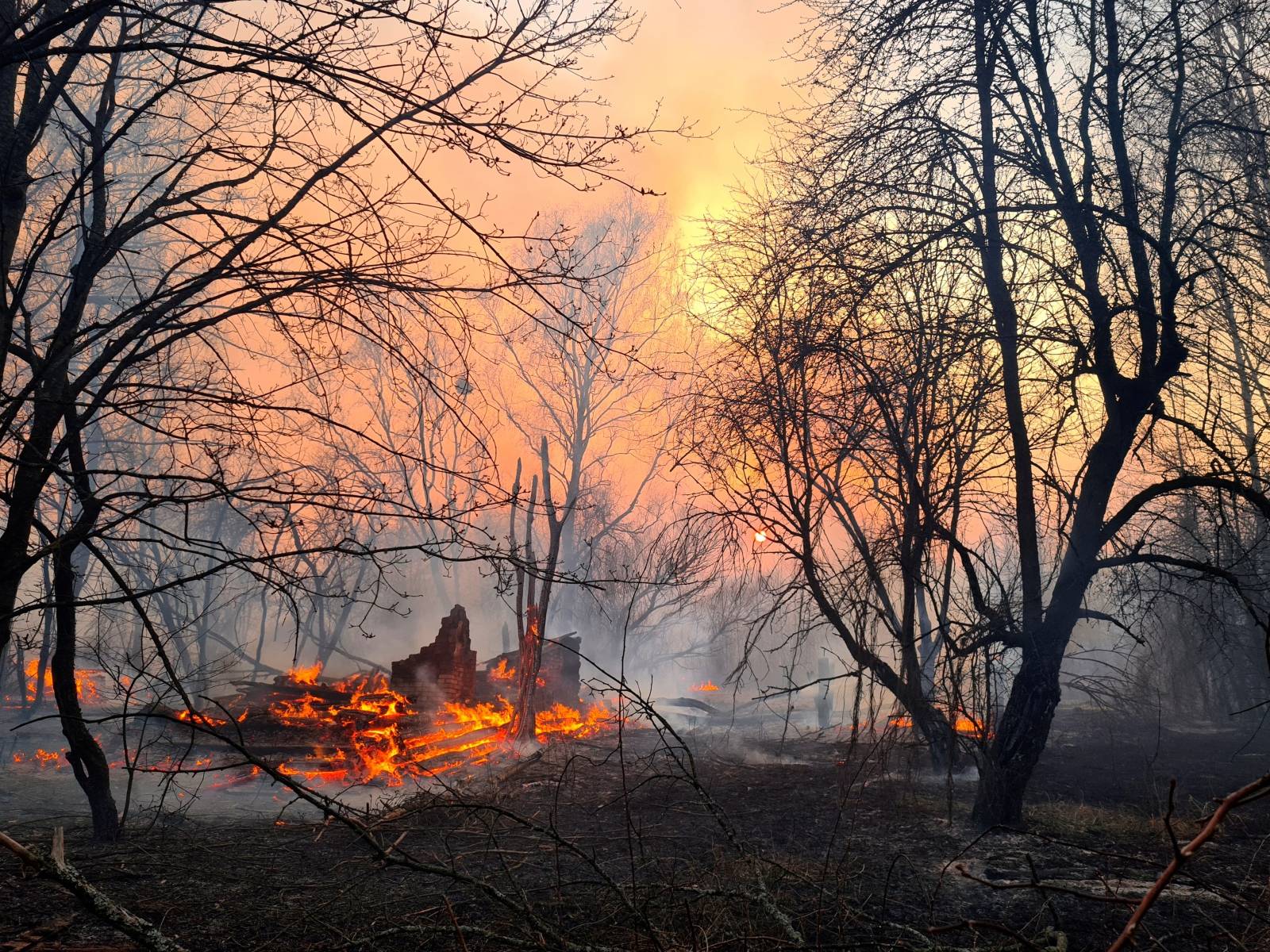 A fire burns in the exclusion zone around the Chernobyl nuclear power plant