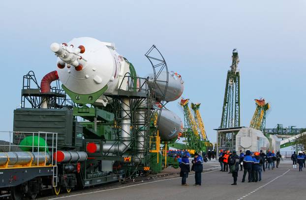 The Soyuz MS-02 spacecraft for the next ISS crew is transported from an assembling hangar to the launchpad at the Baikonur cosmodrome in Kazakhstan