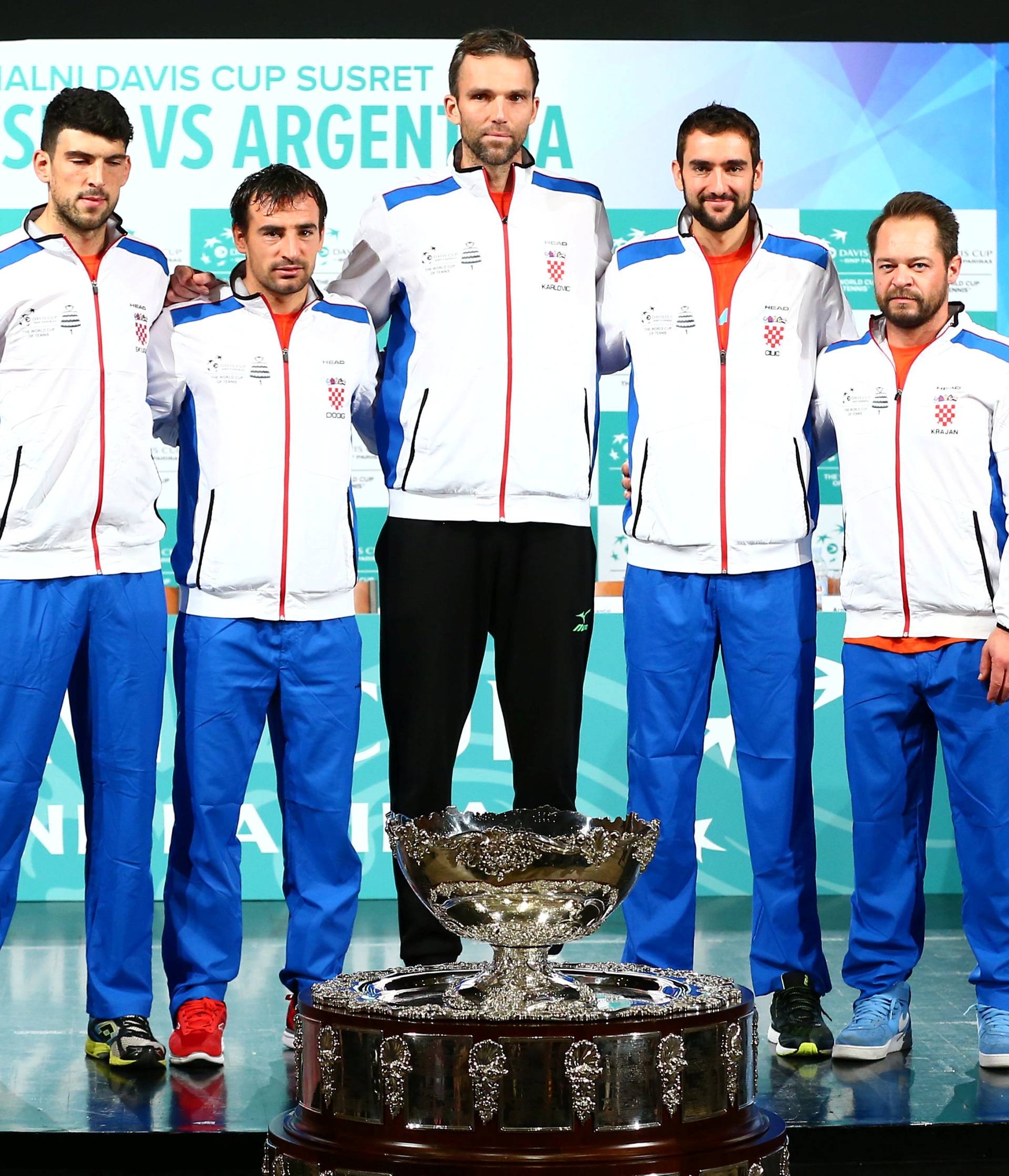 Croatia's tennis team members pose for a picture after the official draw for their Davis Cup finals in Zagreb