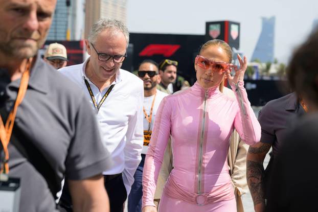 Jeddah, Saudi Arabia. 19th April 2025. Stefano Domenicali F1 CEO and Jennifer Lopez During FP3. Ahmad Al Shehab/Alamy Live News.