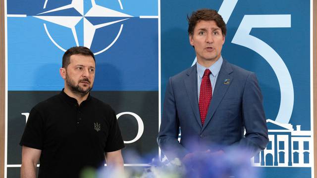 Canadian Prime Minister Justin Trudeau meets with Ukrainian President Volodymyr Zelenskiy at the NATO Summit in Washington