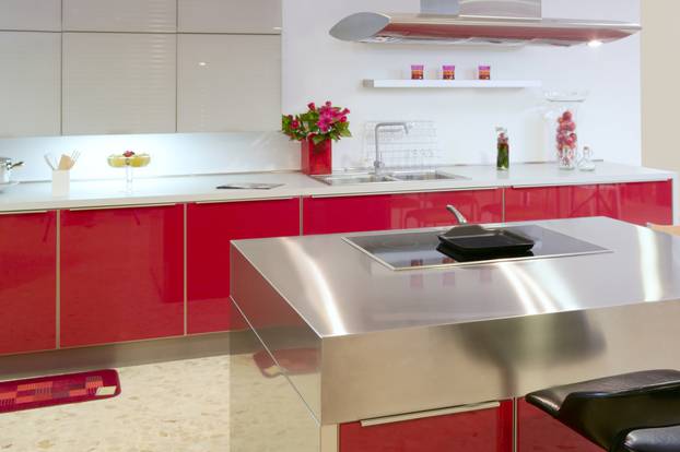 Red island kitchen silver modern interior house