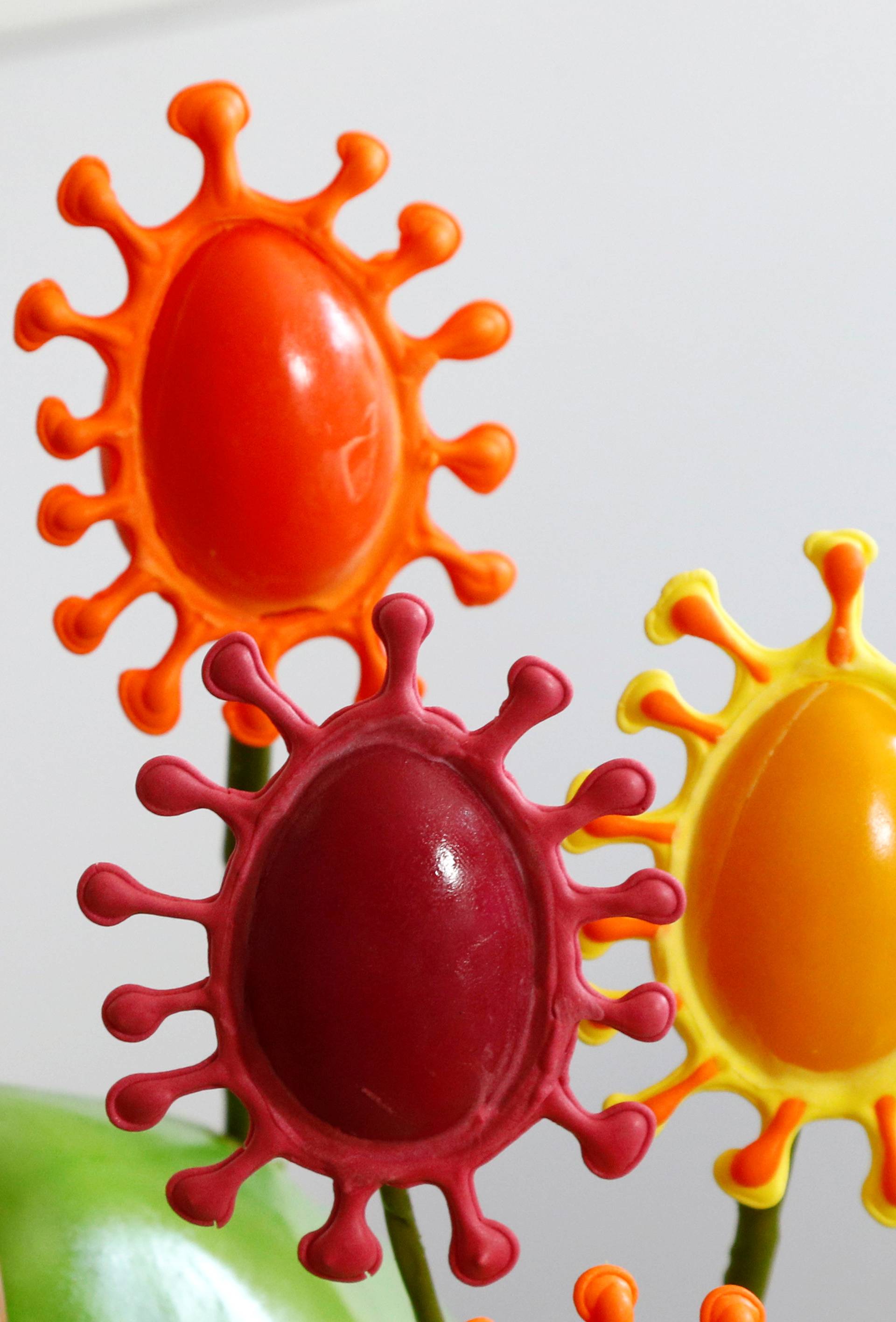 View of Easter eggs adorned with the spikes of the coronavirus disease in La Hulpe