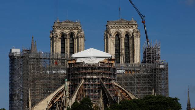 General view of the Notre Dame de Paris Cathedral under reconstruction