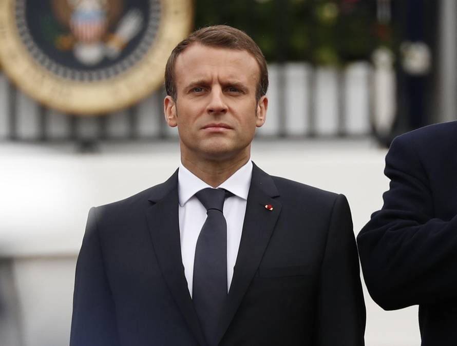 U.S. President Trump welcomes French President Macron during arrival ceremony at the White House in Washington