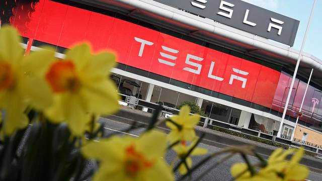 A Tesla car showroom is seen in west London, Britain