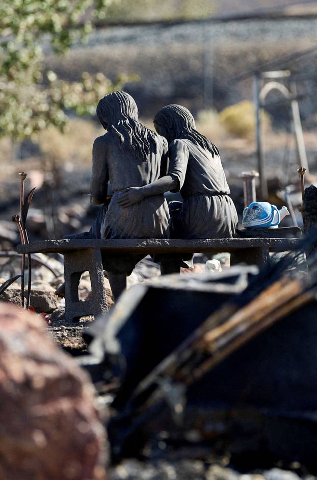 A statue in burned home remains at Hawk Fire in Reno