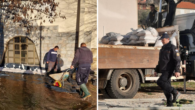 Zbog obilnih kiša nabujale rijeke u Dalmaciji, u Obrovcu postavili vreće s pijeskom