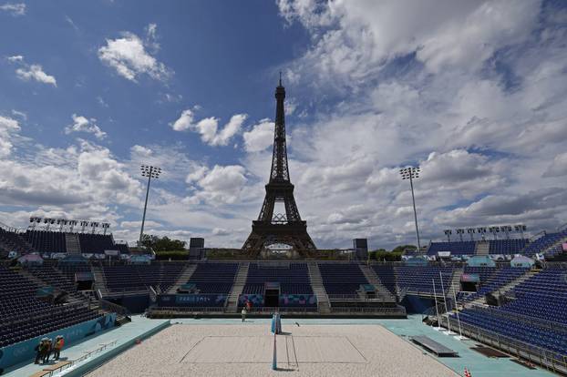 Paris 2024 Olympics - Olympics volleyball venue filled with sand at the base of the Eiffel Tower