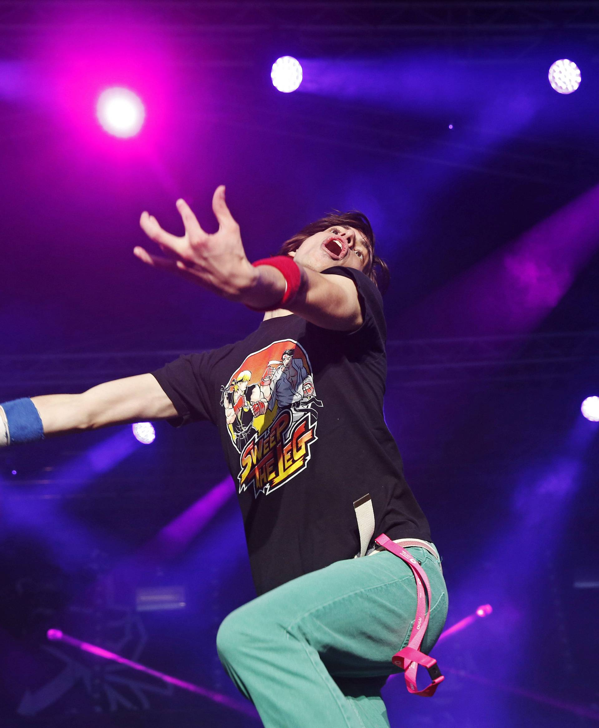 Winner Matt "Airistotle" Burns of the U.S. performs during the final of the Air Guitar World Championships in Oulu