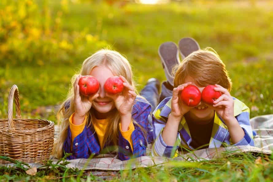 Happy smiling boy and girl lying together on rug. picnic