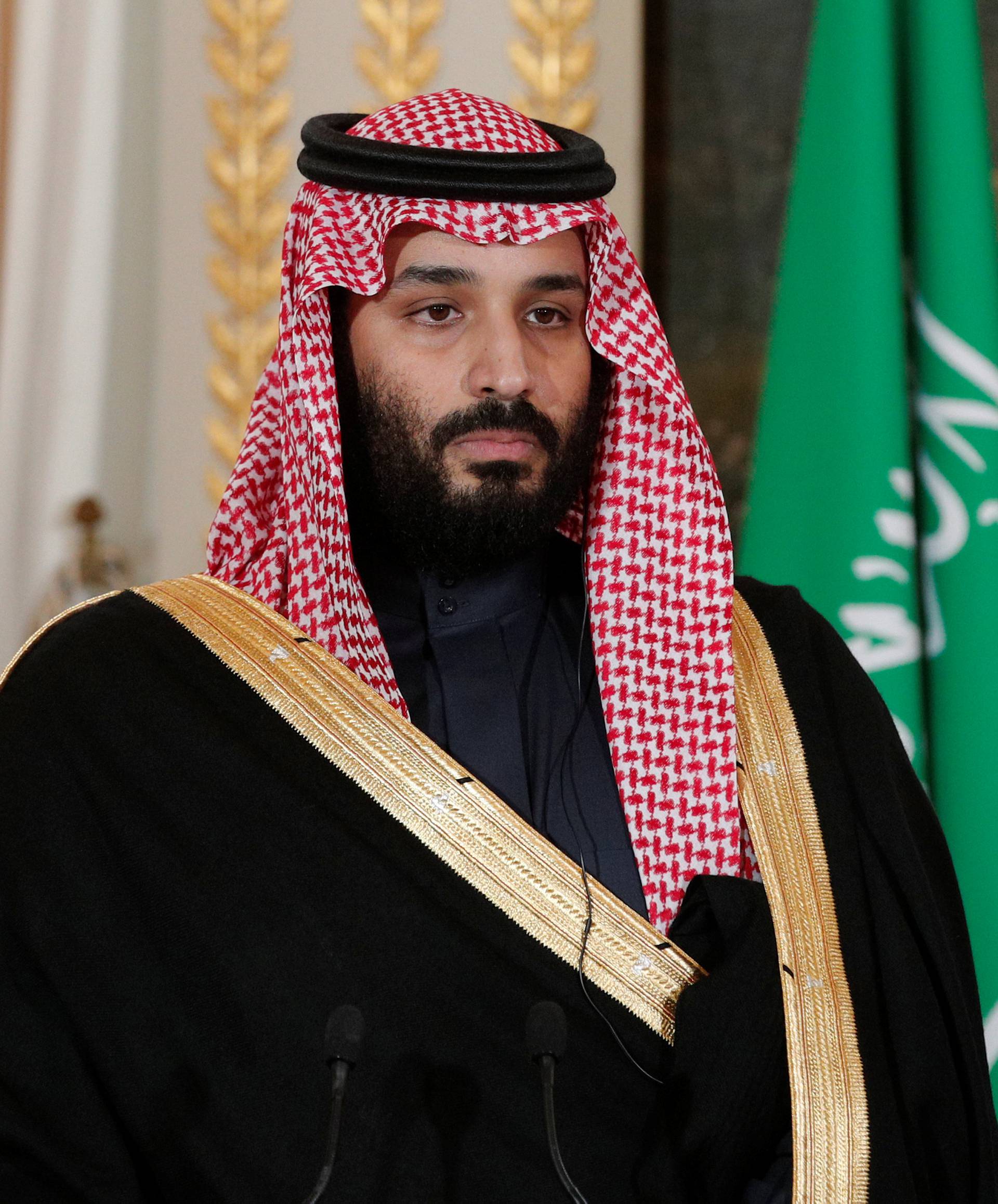 Saudi Arabia's Crown Prince Mohammed bin Salman attends a press conference with French President Emmanuel Macron (not pictured) at the Elysee Palace in Paris