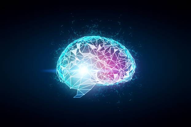 Conceptual hologram of digital illustration of the human brain. Artificial mind concept. 3d rendering