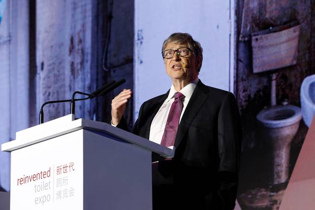 Microsoft founder Bill Gates speaks during the opening ceremony of the Reinvented Toilet Expo showcasing sewerless sanitation technology in Beijing