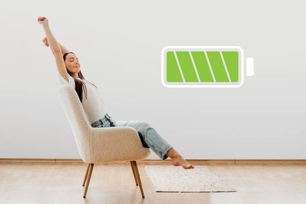 Icon,Of,Full,Battery,Charge,And,Girl,Sitting,On,A