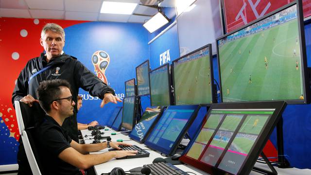FIFA VAR Refereeing Project Leader Rosetti demonstrates a video operation room in Moscow