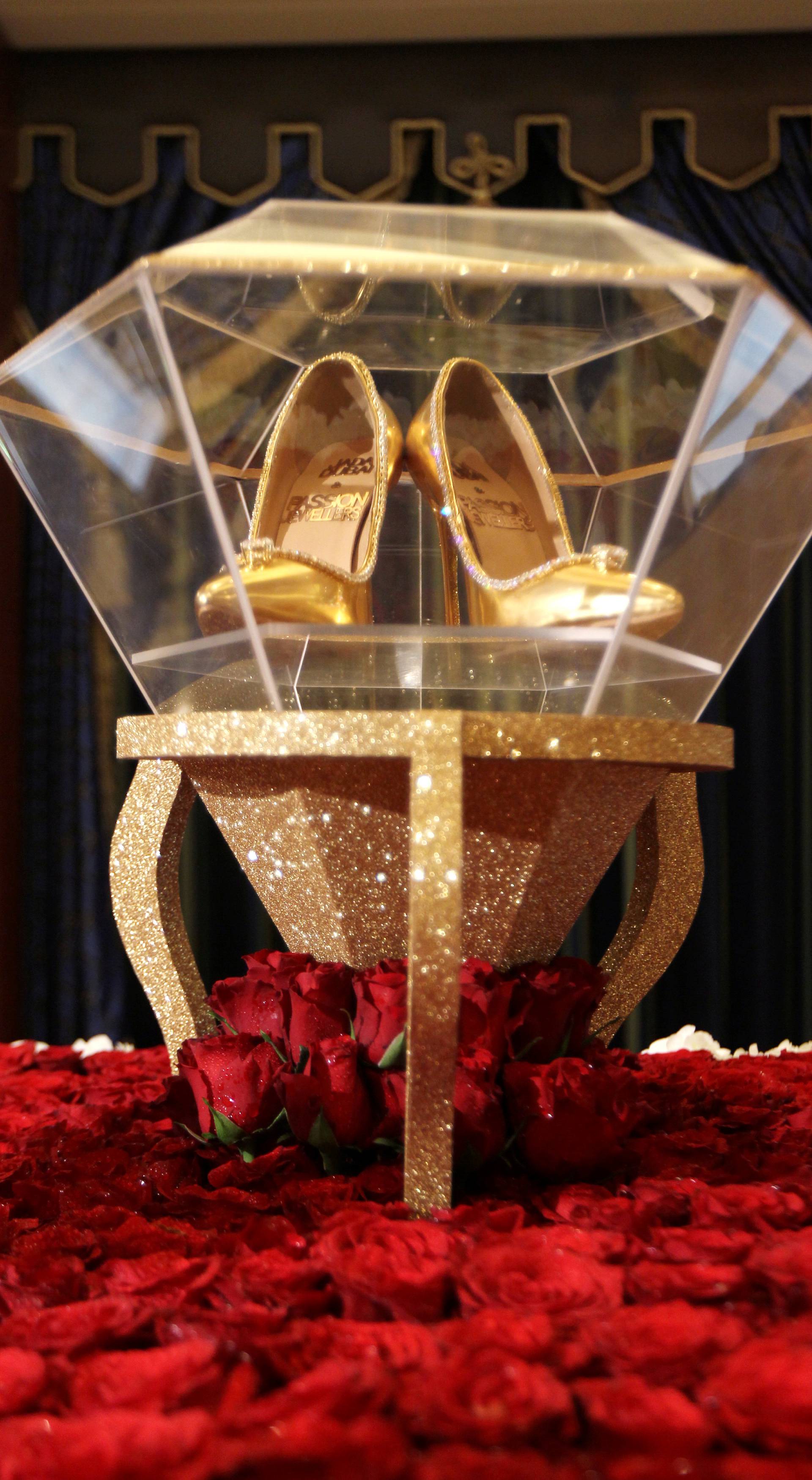 A $17 million USD pair of shoes displayed at the Burj Al Arab Hotel in Dubai
