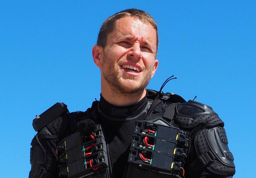 Inventor Richard Browning of technology startup Gravity wears his ÃDaedalusÃ jet suit after flight tests at Henstridge airfield in Somerset