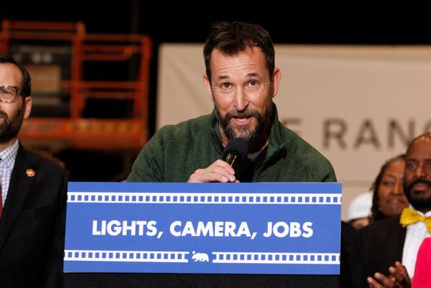 Actor Noah Wyle speaks at ceremony with California Governor Newsom, in Burbank
