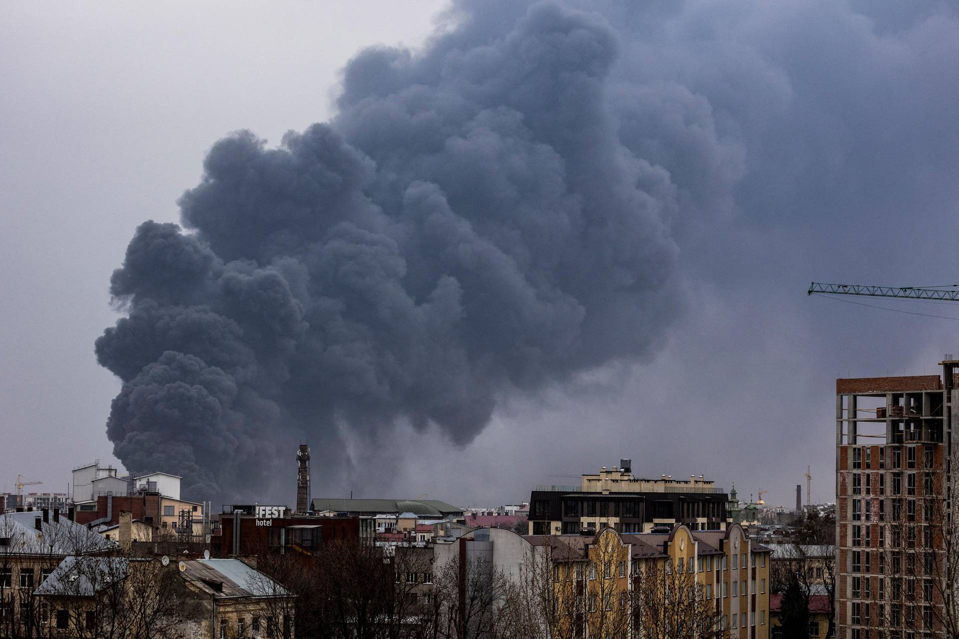 Smoke rises after an airstrike in Lviv