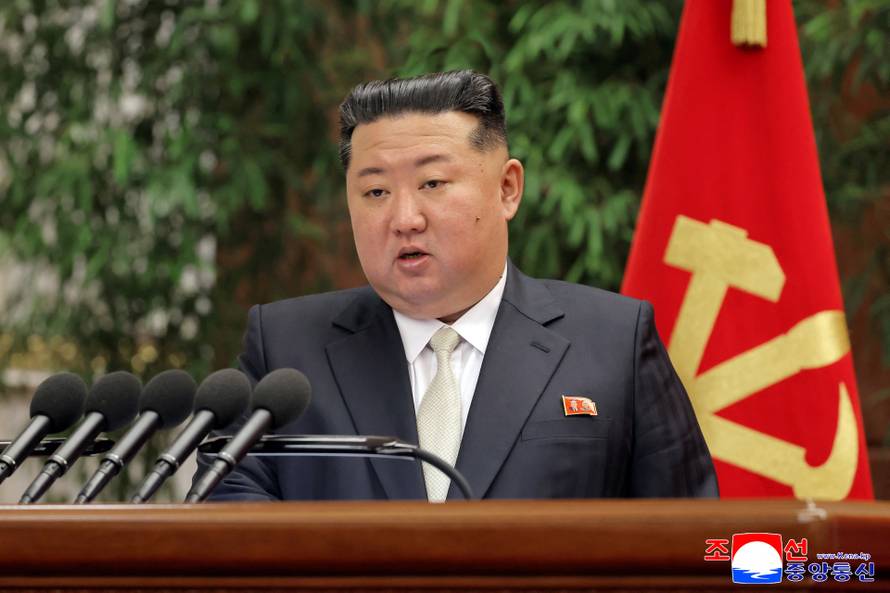 North Korean leader Kim Jong Un speaks during the expanded meeting of the first plenary meeting of the Ninth Central Committee of the Workers' Party of Korea (WPK), in Pyongyang