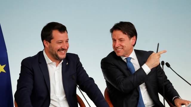 Italian PM Conte and Deputy PMs di Maio and Salvini hold a joint news conference in Rome
