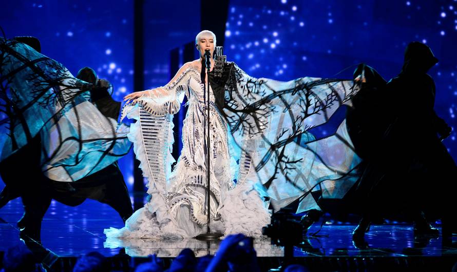 Croatia's Nina Kraljic rehearses the song âLighthouseâ during the jury show at the Ericsson Globe Arena in Stockholm