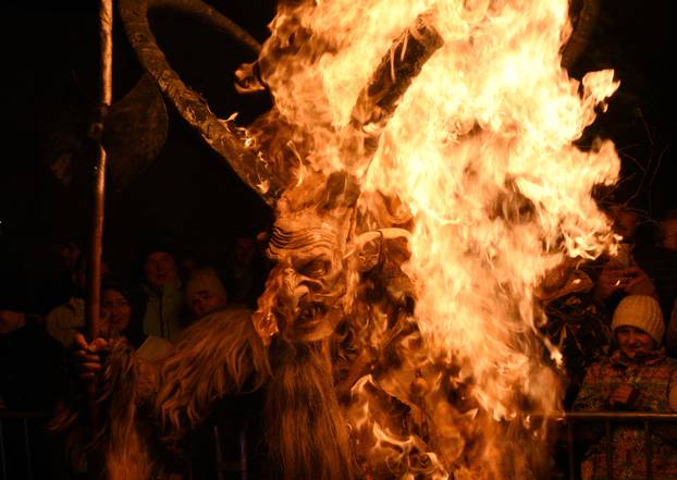 A man dressed as a devil performs during a Krampus show in Goricane