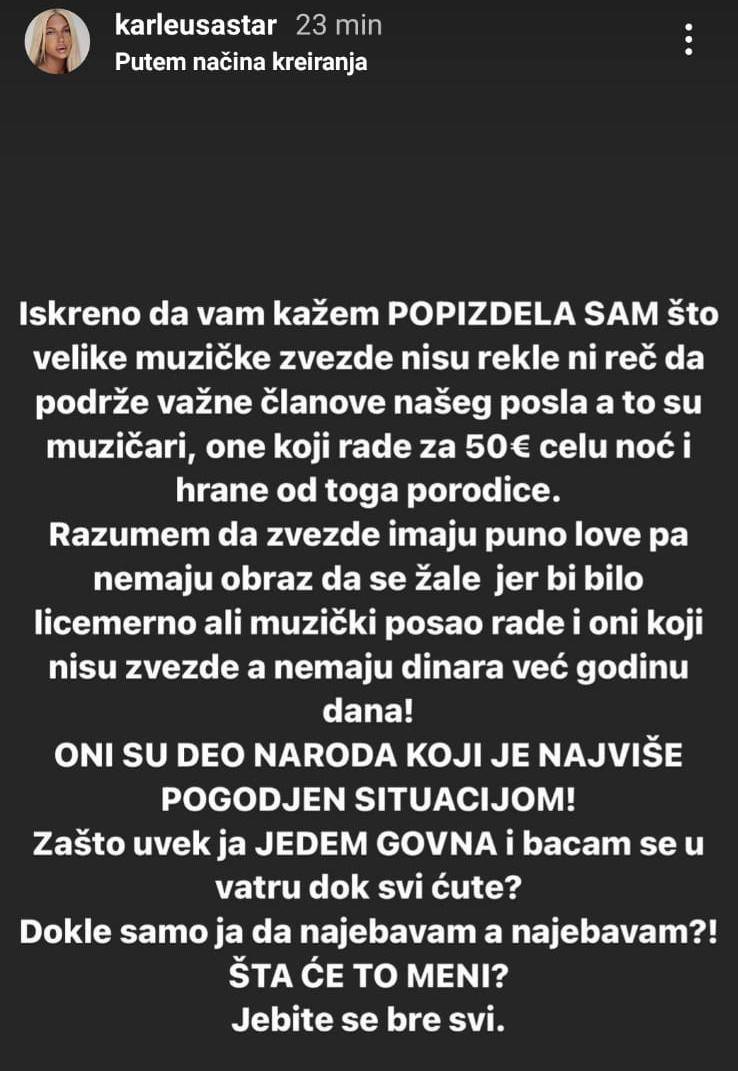 Bijesna Karleuša: 'Zašto uvijek ja jedem go*na? Je*ite se svi!'