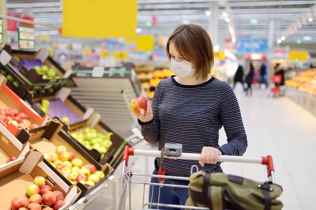 Young,Woman,Wearing,Disposable,Medical,Mask,Shopping,In,Supermarket,During