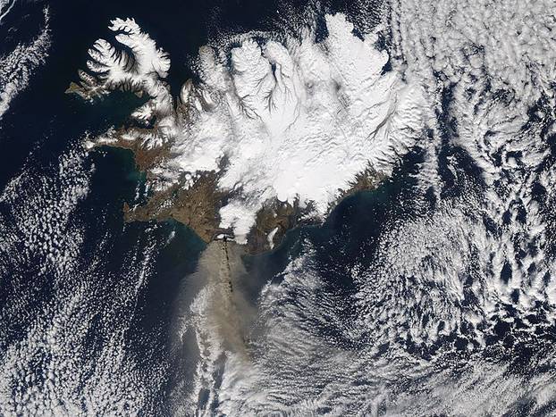 Satellite image of ash cloud over Iceland