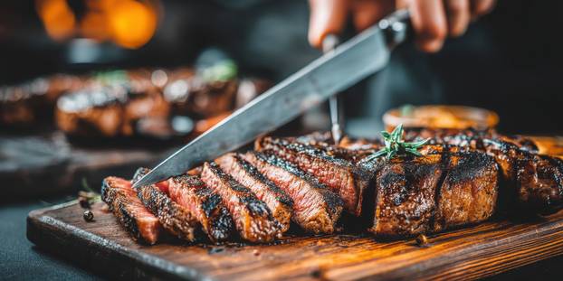 Juicy Grilled Steak Being Sliced with a Chef's Knife on a Rustic Wooden Board