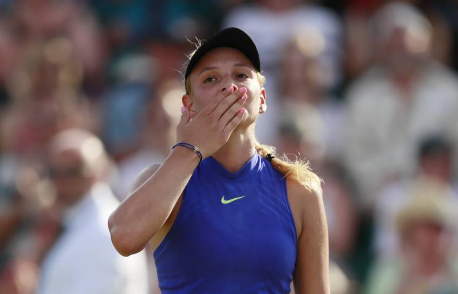 Croatia's Donna Vekic celebrates winning the final against Great Britain's Johanna Konta