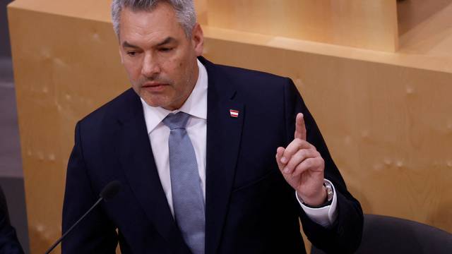 Austrian Chancellor Nehammer delivers a speech in the Parliament in Vienna