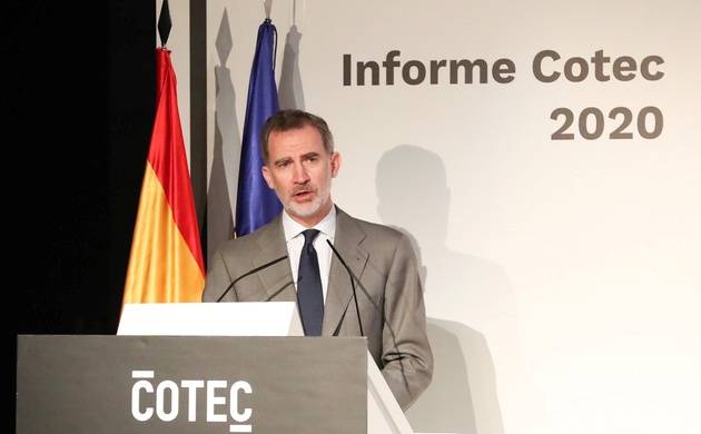 Spain's King Felipe gives a speech at a conference in Madrid