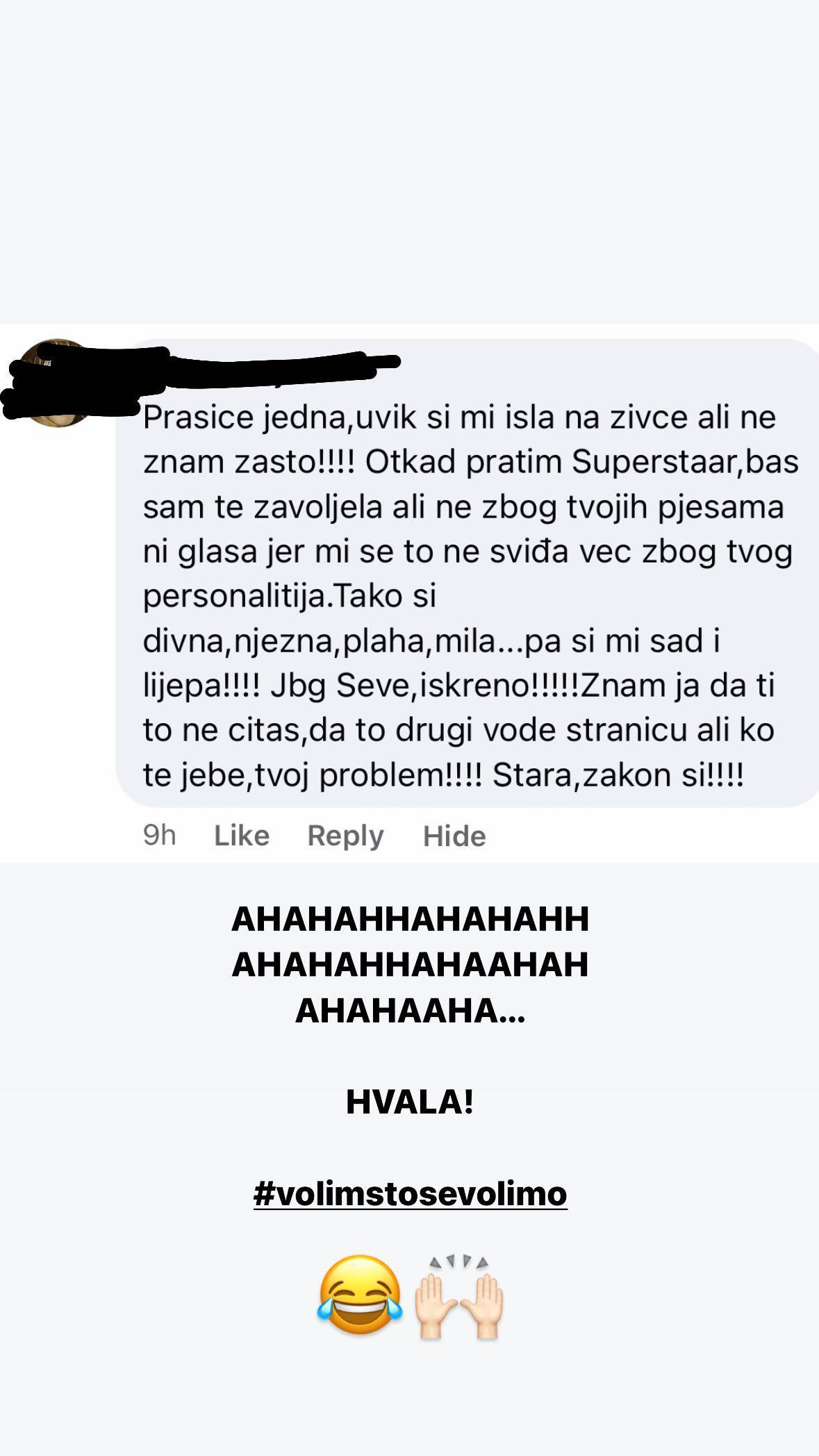 Seve objavila što joj je jedna gledateljica napisala: 'Prasice jedna, uvijek si mi išla na živce'