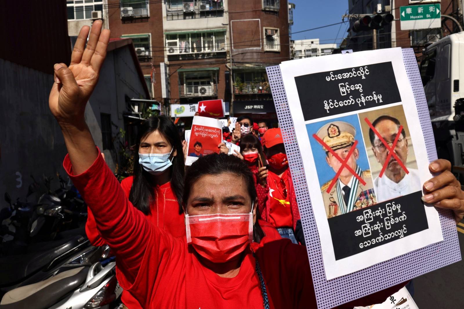 Members of the Burmese community in Taipei protest against the Myanmar military coup in Little Burma, home to many of Taiwan's  Burmese immigrants, in Taipei