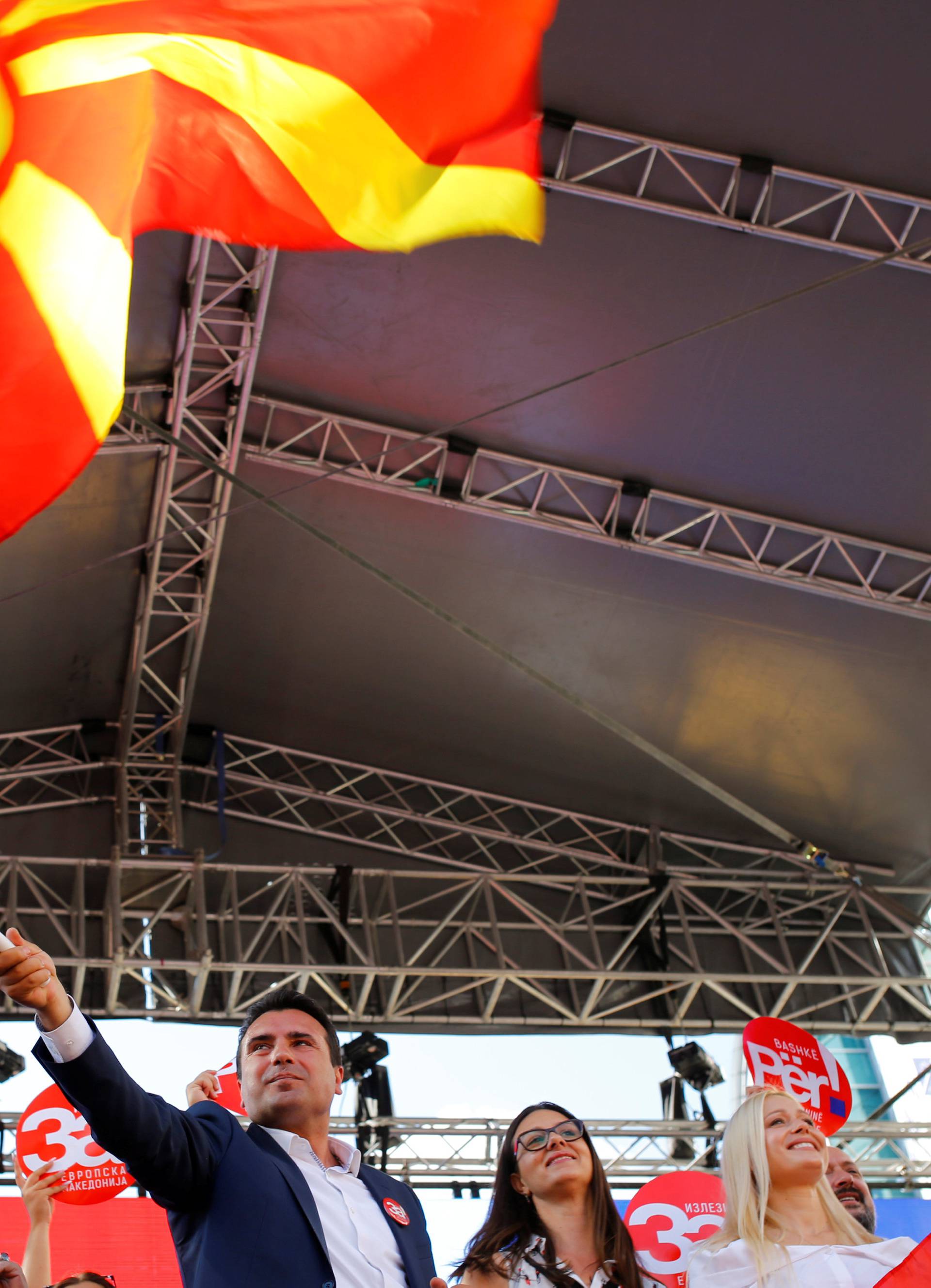 Macedonian PM Zaev addresses the people during a march in support of a referendum in Skpoje