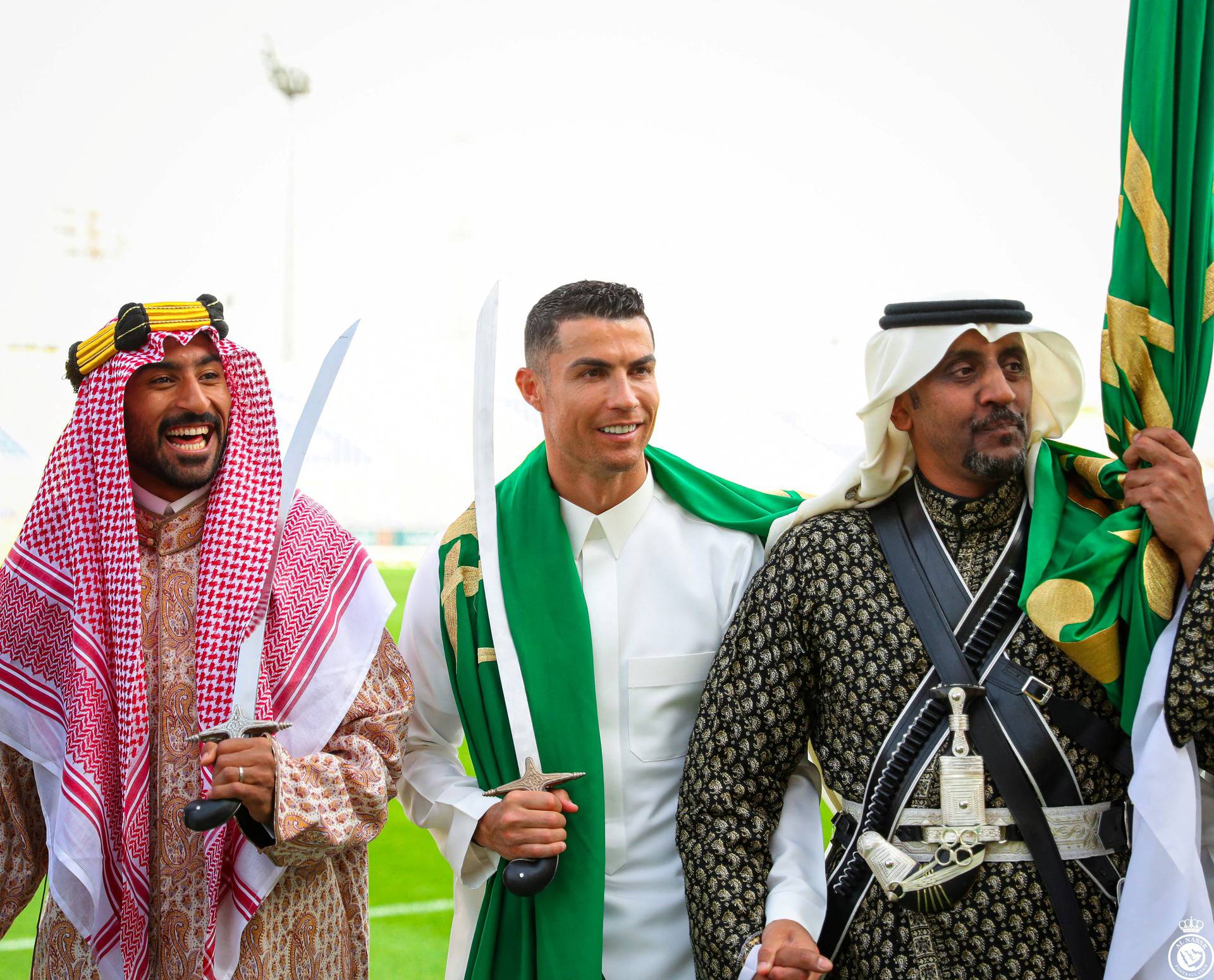 Al-Nassr's Cristiano Ronaldo celebrates Saudi Arabia's Founding Day wearing local traditional clothes at Al-Nassr Football Club in Riyadh, Saudi Arabia